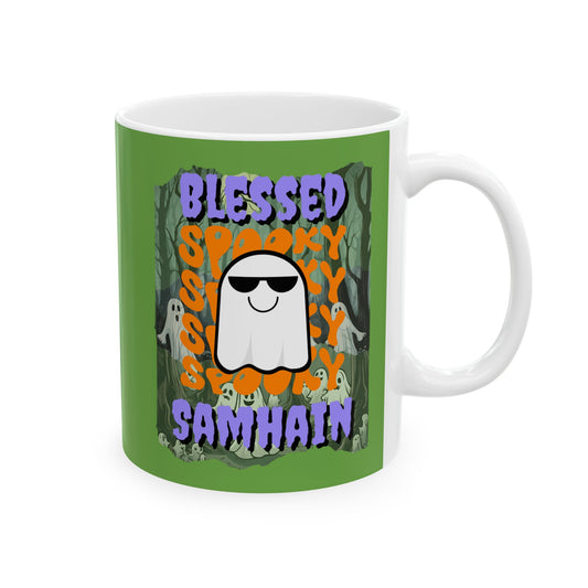 Spooky Blessed Samhain Ghost Purple font Green Mug by CreepyCrafts.boo