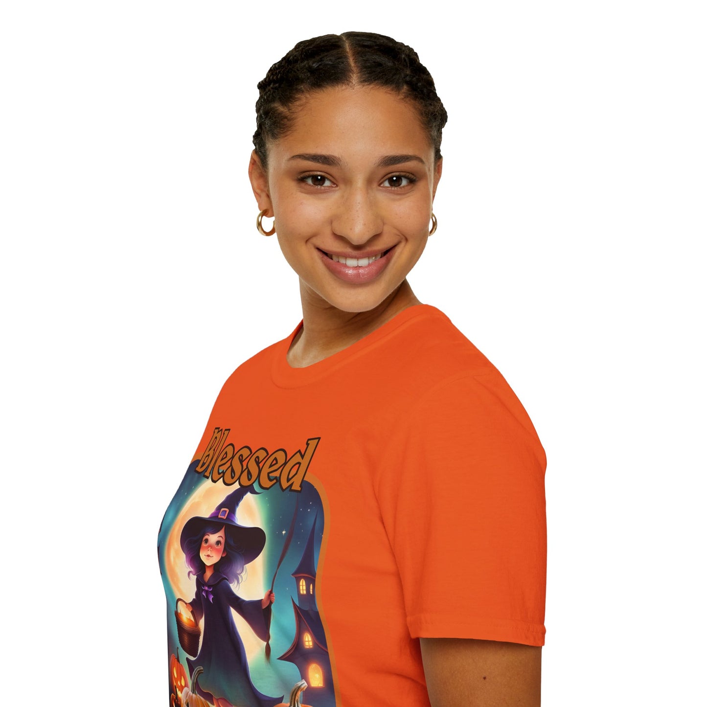Blessed Samhain Little Witch Orange font Light colors Unisex T-Shirt by CreepyCrafts.boo