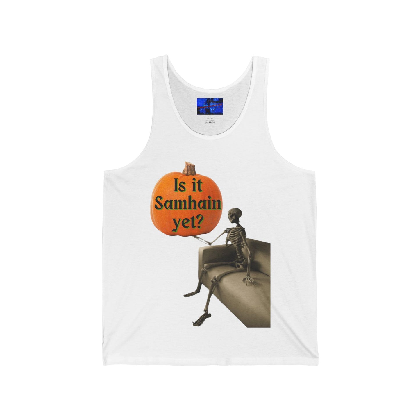 Waiting for Samhain Skeleton Unisex Jersey Tank Top by cypherpunkgear