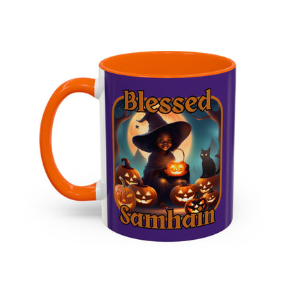 Blessed Samhain Cute Witch Orange font Purple Accent Mug by CreepyCrafts.boo