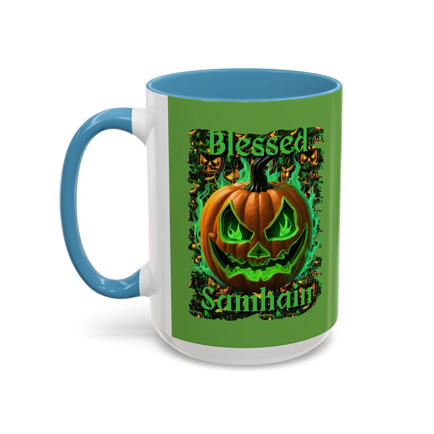 Blessed Samhain Green Jack Green Accent Mug by CreepyCrafts.boo