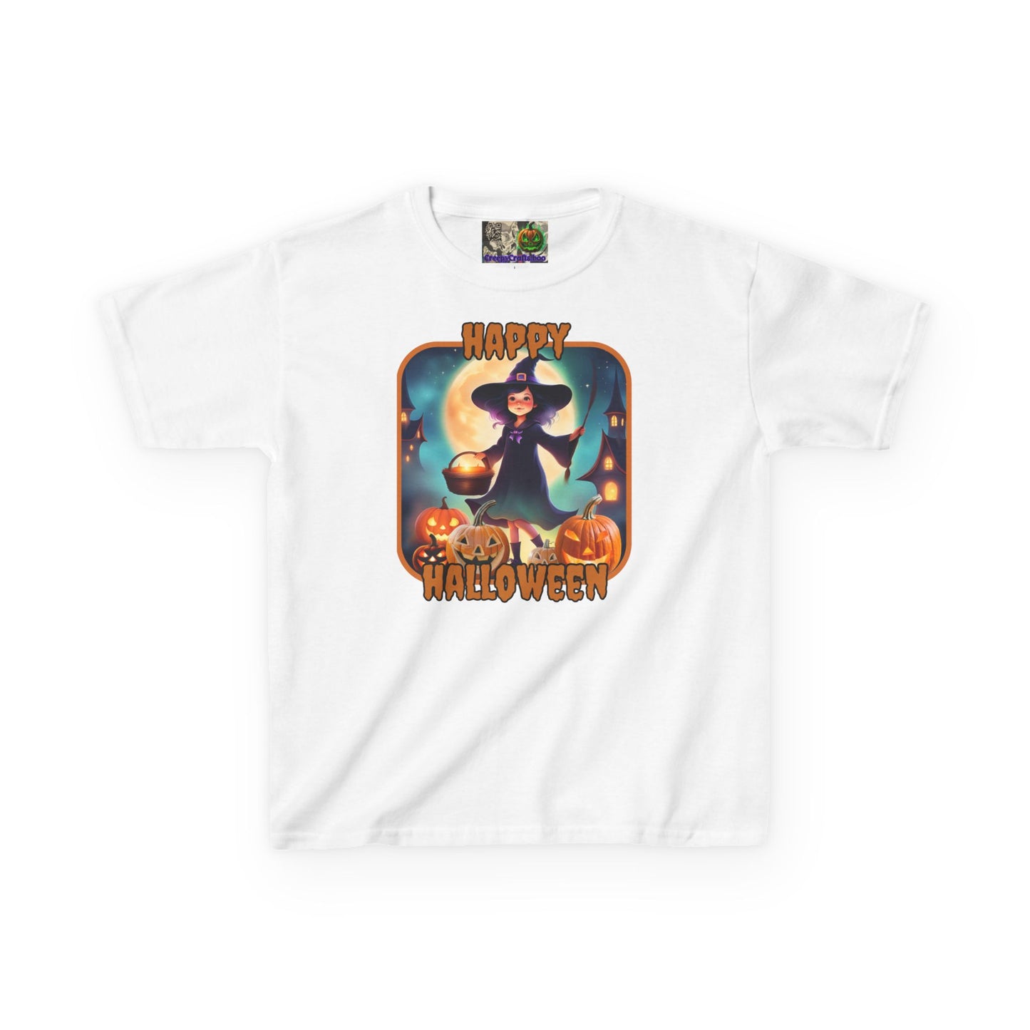 Happy Halloween Little Witch Orange font Kids Heavy Cotton™ Tee by CreepyCrafts.boo