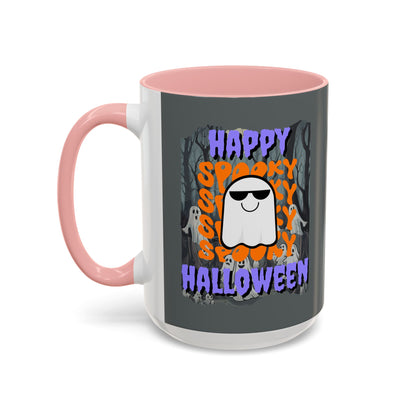 Spooky Happy Halloween Ghost Purple font Grey Accent Mug by CreepyCrafts.boo