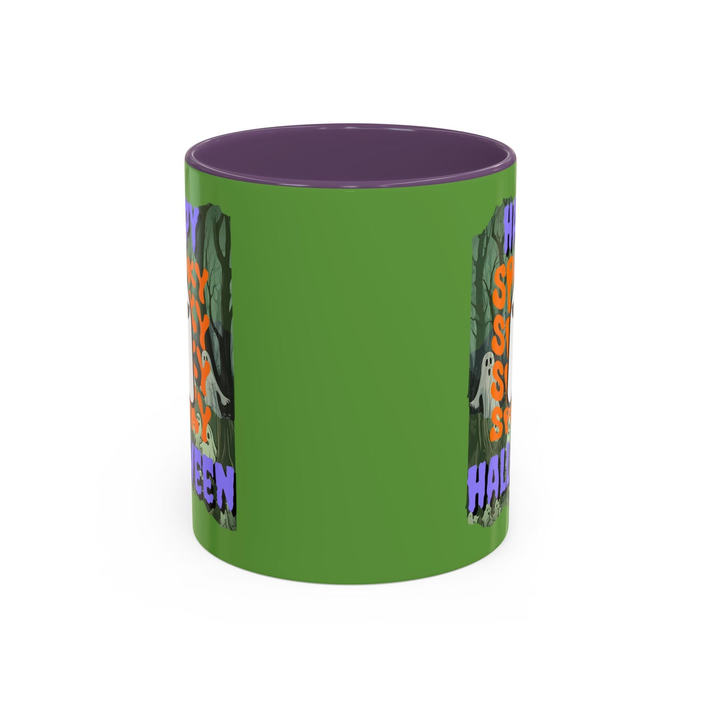 Spooky Happy Halloween Ghost Purple font Green Accent Mug by CreepyCrafts.boo