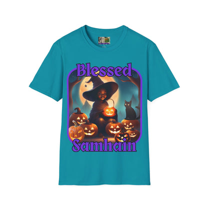 Blessed Samhain Cute Witch Purple font Dark colors Unisex T-Shirt by CreepyCrafts.boo