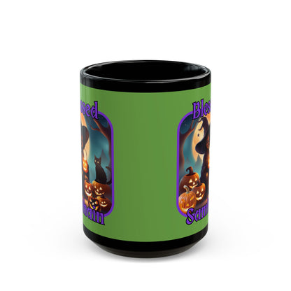 Blessed Samhain Cute Witch Purple font Green Mug by CreepyCrafts.boo