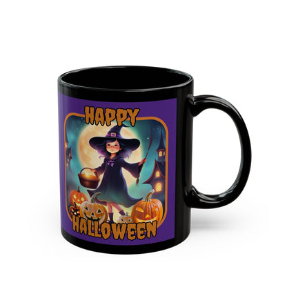 Happy Halloween Little Witch Orange font Purple Mug by CreepyCrafts.boo