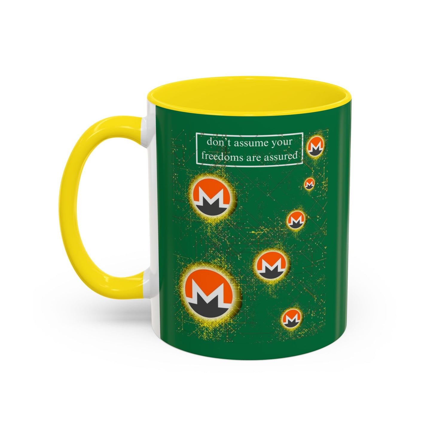 Monero (XMR) don't assume your freedoms are assured Green Accent Mug by cypherpunkgear.com