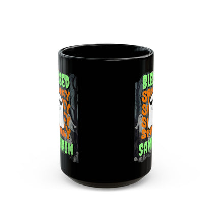 Spooky Blessed Samhain Ghost Green font Black Mug by CreepyCrafts.boo