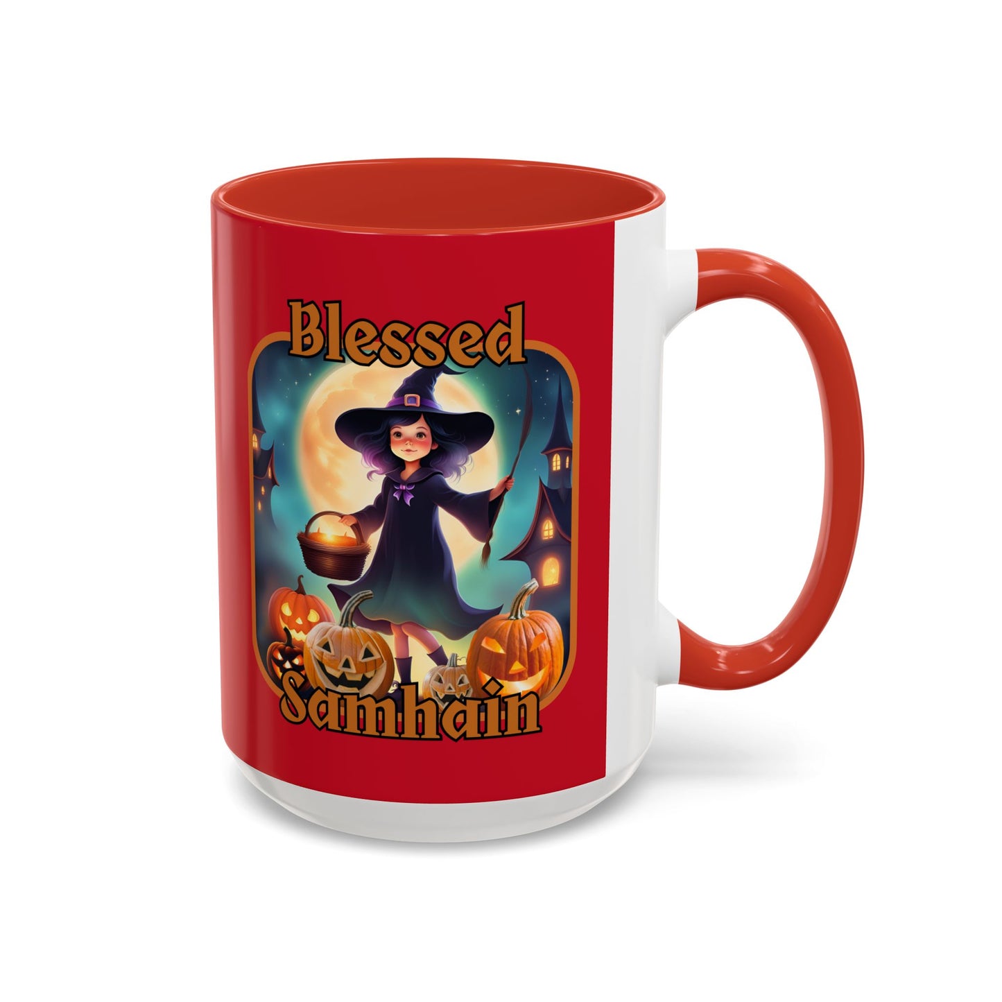 Blessed Samhain Little Witch Orange font Red Accent Mug by CreepyCrafts.boo