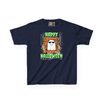 Spooky Happy Halloween Ghost Green font Kids Heavy Cotton™ Tee by CreepyCrafts.boo