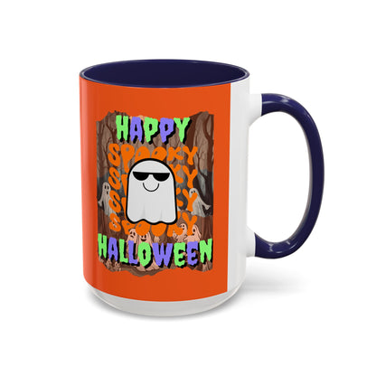 Spooky Happy Halloween Ghost Mixed font Orange Accent Mug by CreepyCrafts.boo