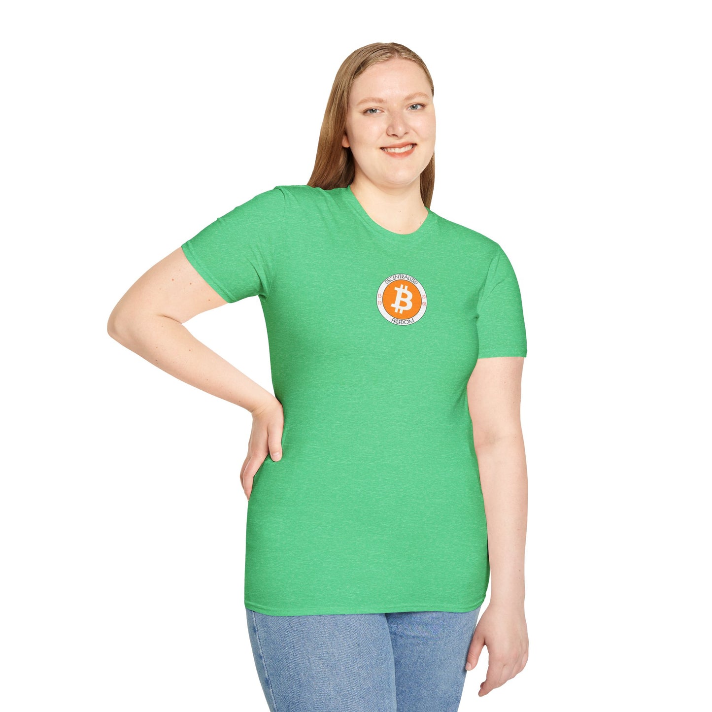 2-sided, Bitcoin (BTC) Decentralized Freedom Dark colors Unisex T-Shirt by cypherpunkgear.com