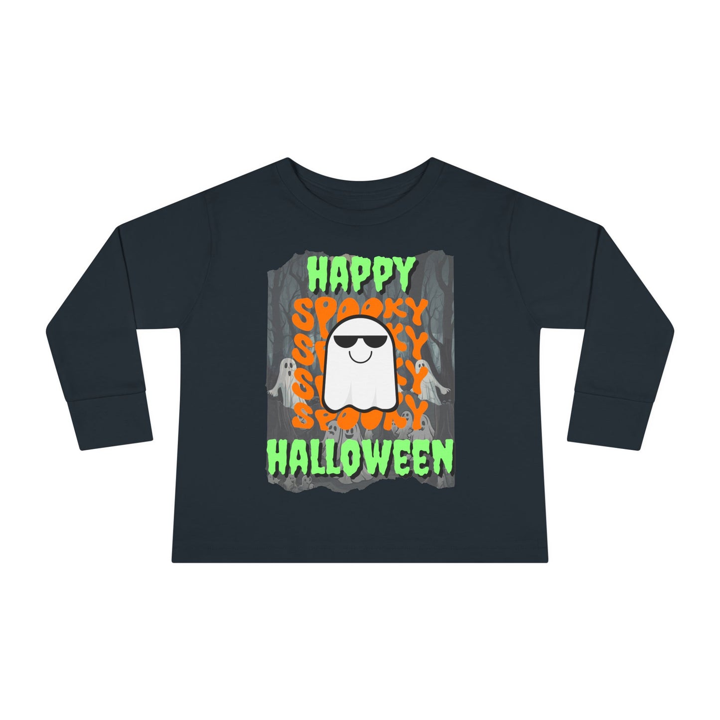 Spooky Happy Halloween Ghost Green font Toddler Long Sleeve Tee by CreepyCrafts.boo