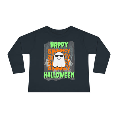 Spooky Happy Halloween Ghost Green font Toddler Long Sleeve Tee by CreepyCrafts.boo