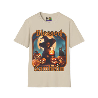Blessed Samhain Cute Witch Orange font Light colors Unisex T-Shirt by CreepyCrafts.boo