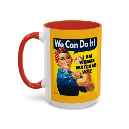 I Am Woman Watch Me Vote Rosie Yellow Accent Mug by cypherpunkgear.com