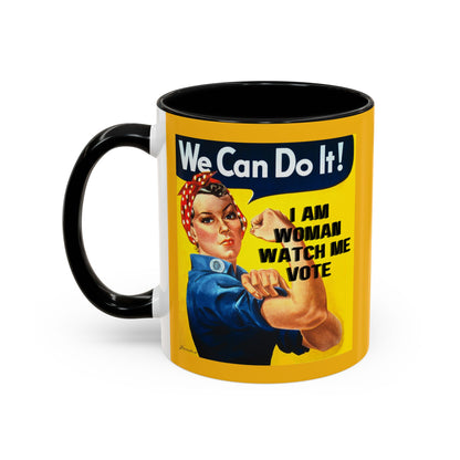 I Am Woman Watch Me Vote Rosie Yellow Accent Mug by cypherpunkgear.com