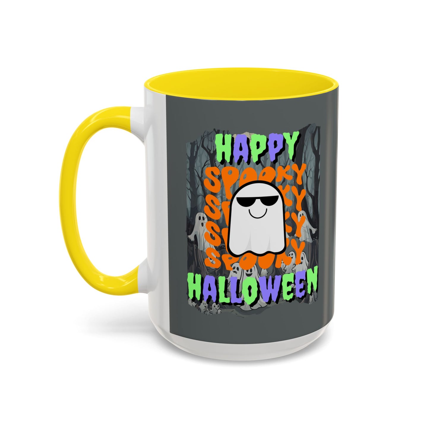 Spooky Happy Halloween Ghost Mixed font Grey Accent Mug by CreepyCrafts.boo