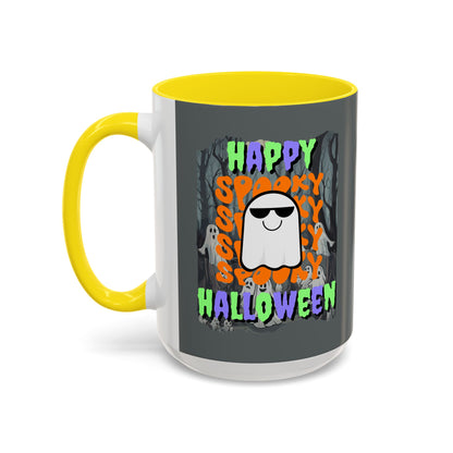 Spooky Happy Halloween Ghost Mixed font Grey Accent Mug by CreepyCrafts.boo