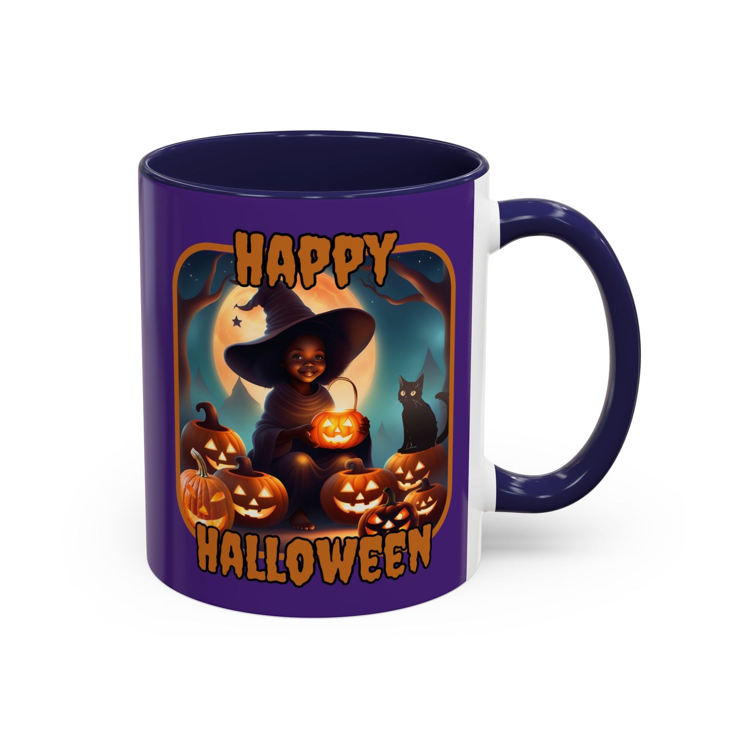 Happy Halloween Cute Witch Orange font Purple Accent Mug by CreepyCrafts.boo