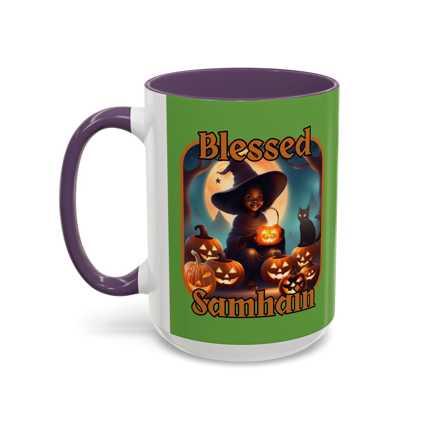 Blessed Samhain Cute Witch Orange font Green Accent Mug by CreepyCrafts.boo
