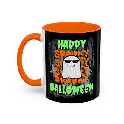 Spooky Happy Halloween Ghost Green font Black Accent Mug by CreepyCrafts.boo