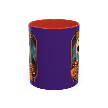 Blessed Samhain Cute Witch Orange font Purple Accent Mug by CreepyCrafts.boo