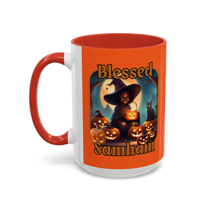Blessed Samhain Cute Witch Orange font Orange Accent Mug by CreepyCrafts.boo