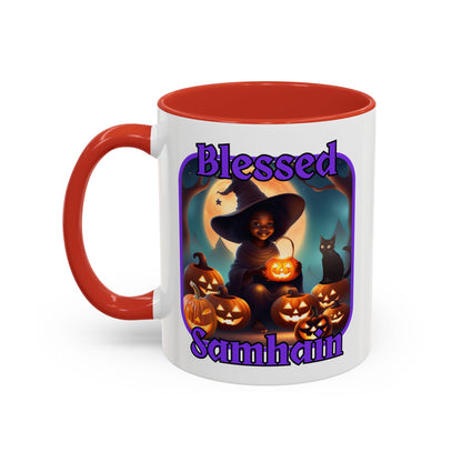 Blessed Samhain Cute Witch Purple font White Accent Mug by CreepyCrafts.boo