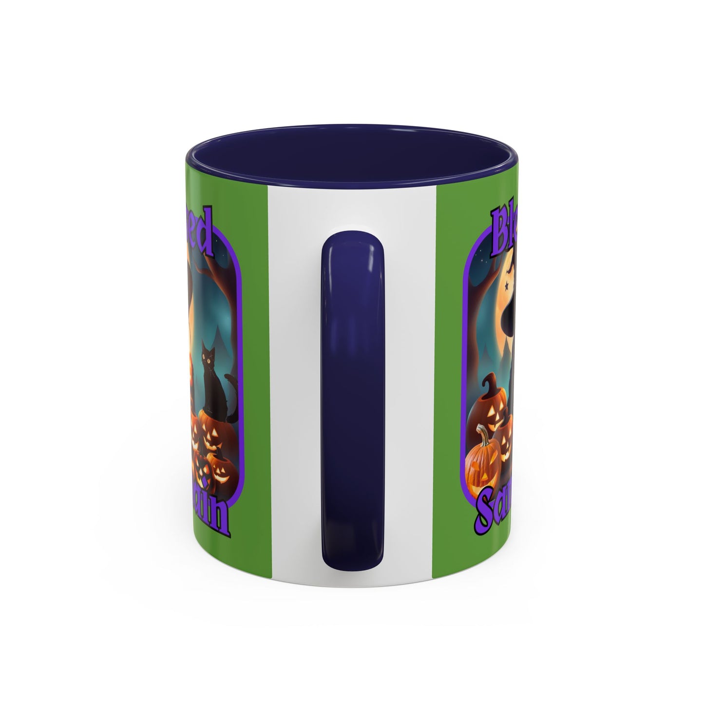 Blessed Samhain Cute Witch Purple font Green Accent Mug by CreepyCrafts.boo