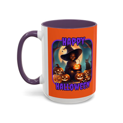 Happy Halloween Cute Witch Purple font Orange Accent Mug by CreepyCrafts.boo
