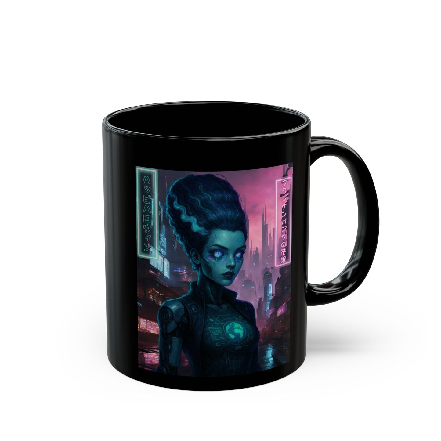 Neon Bride of Frankenstein Black Mug by CreepyCrafts.boo