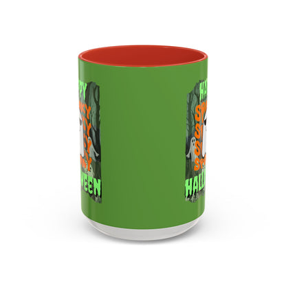 Spooky Happy Halloween Ghost Green font Green Accent Mug by CreepyCrafts.boo