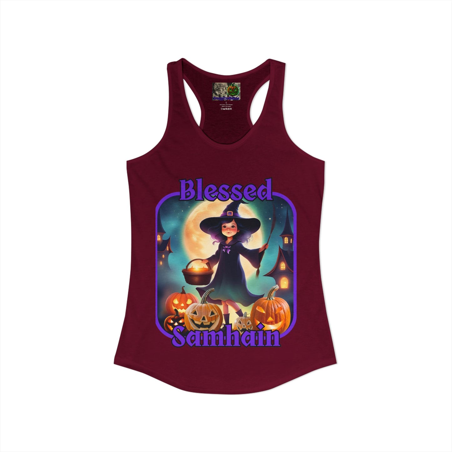 Blessed Samhain Little Witch Purple font Women's Racerback Tank Top by CreepyCrafts.boo