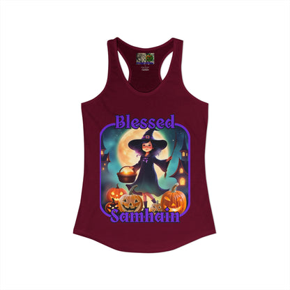 Blessed Samhain Little Witch Purple font Women's Racerback Tank Top by CreepyCrafts.boo