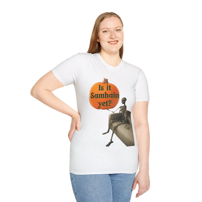 Is it Samhain yet? Skeleton's Pumpkin Light colors Unisex T-Shirt by CreepyCrafts.boo