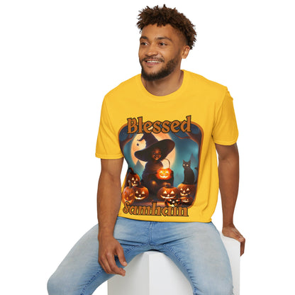 Blessed Samhain Cute Witch Orange font Light colors Unisex T-Shirt by CreepyCrafts.boo