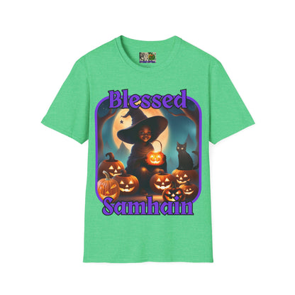 Blessed Samhain Cute Witch Purple font Dark colors Unisex T-Shirt by CreepyCrafts.boo