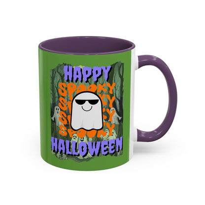 Spooky Happy Halloween Ghost Purple font Green Accent Mug by CreepyCrafts.boo