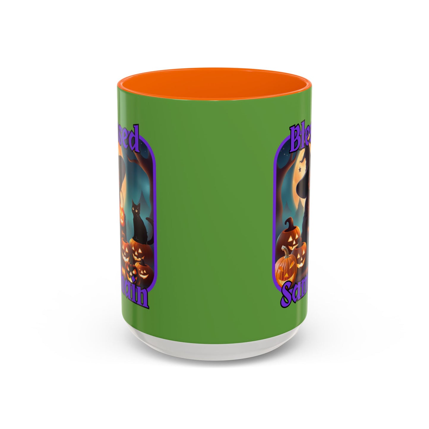 Blessed Samhain Cute Witch Purple font Green Accent Mug by CreepyCrafts.boo