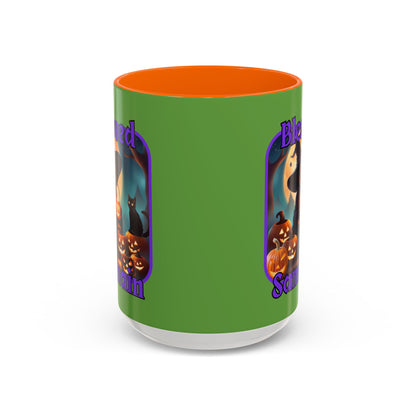Blessed Samhain Cute Witch Purple font Green Accent Mug by CreepyCrafts.boo