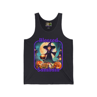 Blessed Samhain Little Witch Purple font Unisex Jersey Tank Top by CreepyCrafts.boo