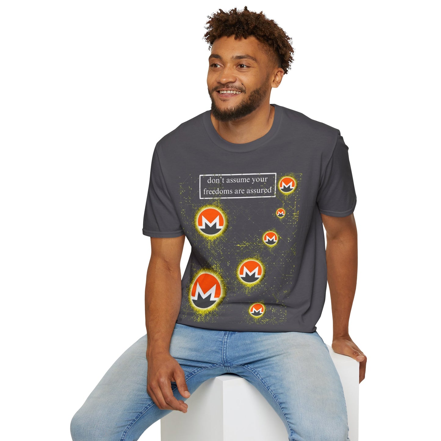 Monero (XMR) don't assume your freedoms are assured Dark colors Unisex T-Shirt by cypherpunkgear.com