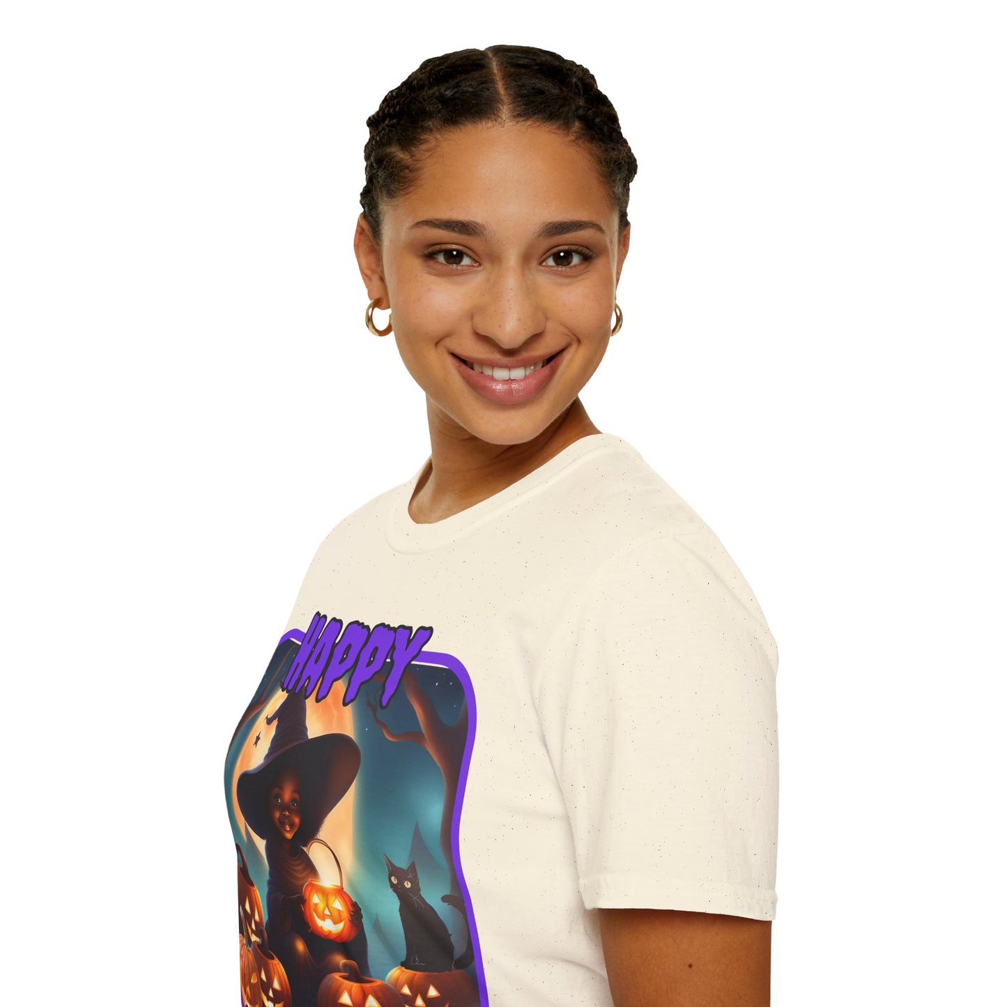 Happy Halloween Cute Witch Purple font Light colors Unisex T-Shirt by CreepyCrafts.boo