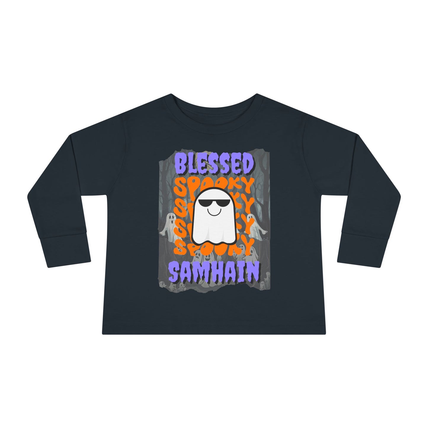 Spooky Blessed Samhain Ghost Purple font Toddler Long Sleeve Tee by CreepyCrafts.boo