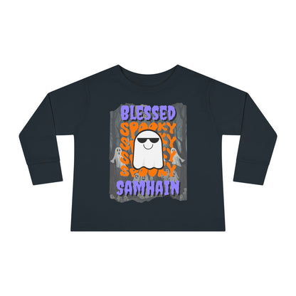 Spooky Blessed Samhain Ghost Purple font Toddler Long Sleeve Tee by CreepyCrafts.boo