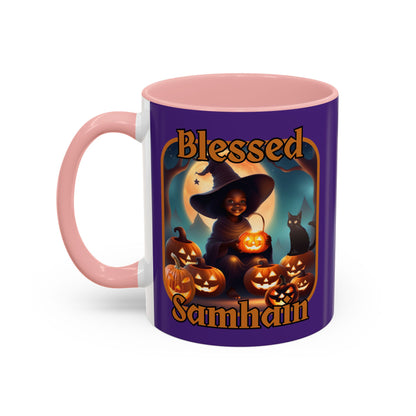 Blessed Samhain Cute Witch Orange font Purple Accent Mug by CreepyCrafts.boo