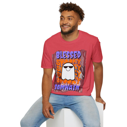 Spooky Blessed Samhain Ghost Purple font Unisex T-Shirt by CreepyCrafts.boo