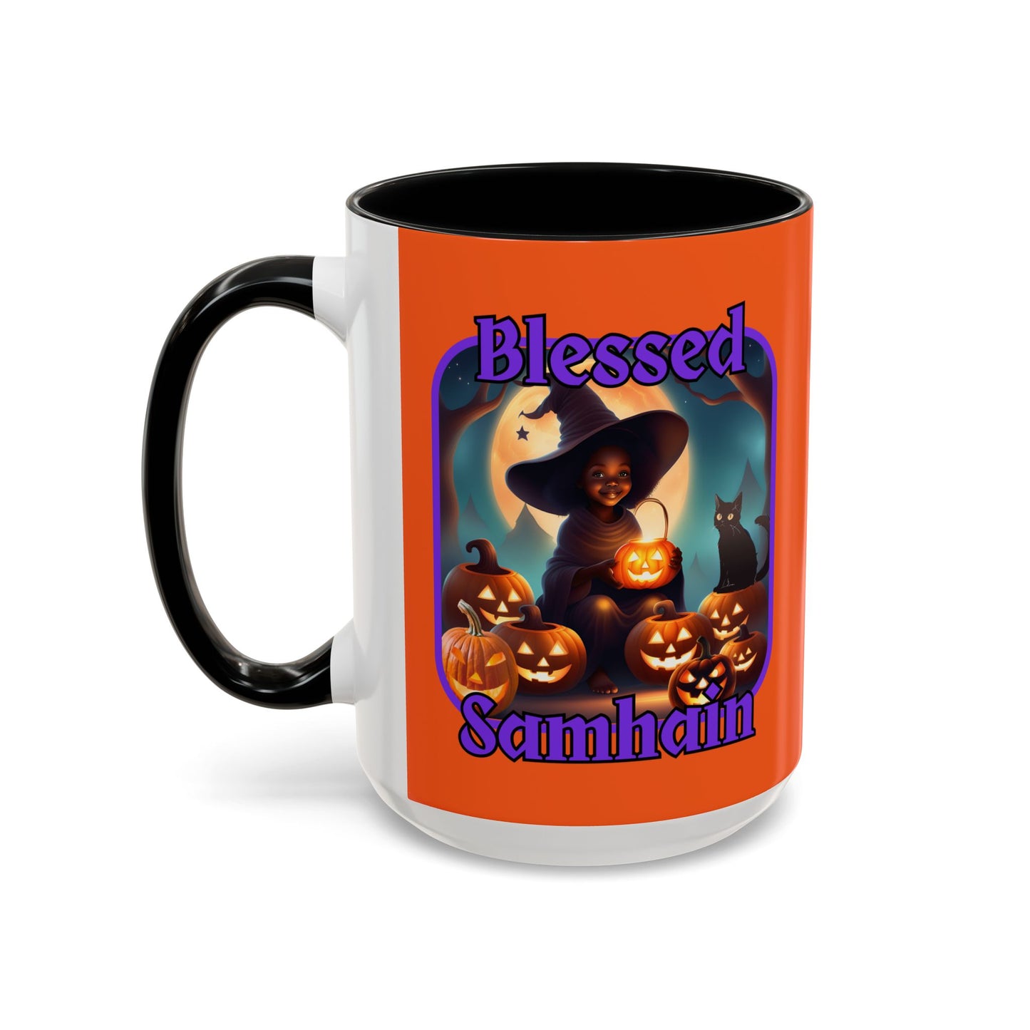 Blessed Samhain Cute Witch Purple font Orange Accent Mug by CreepyCrafts.boo
